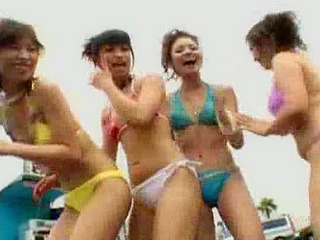 Four horny sluts got fucked in a see through room